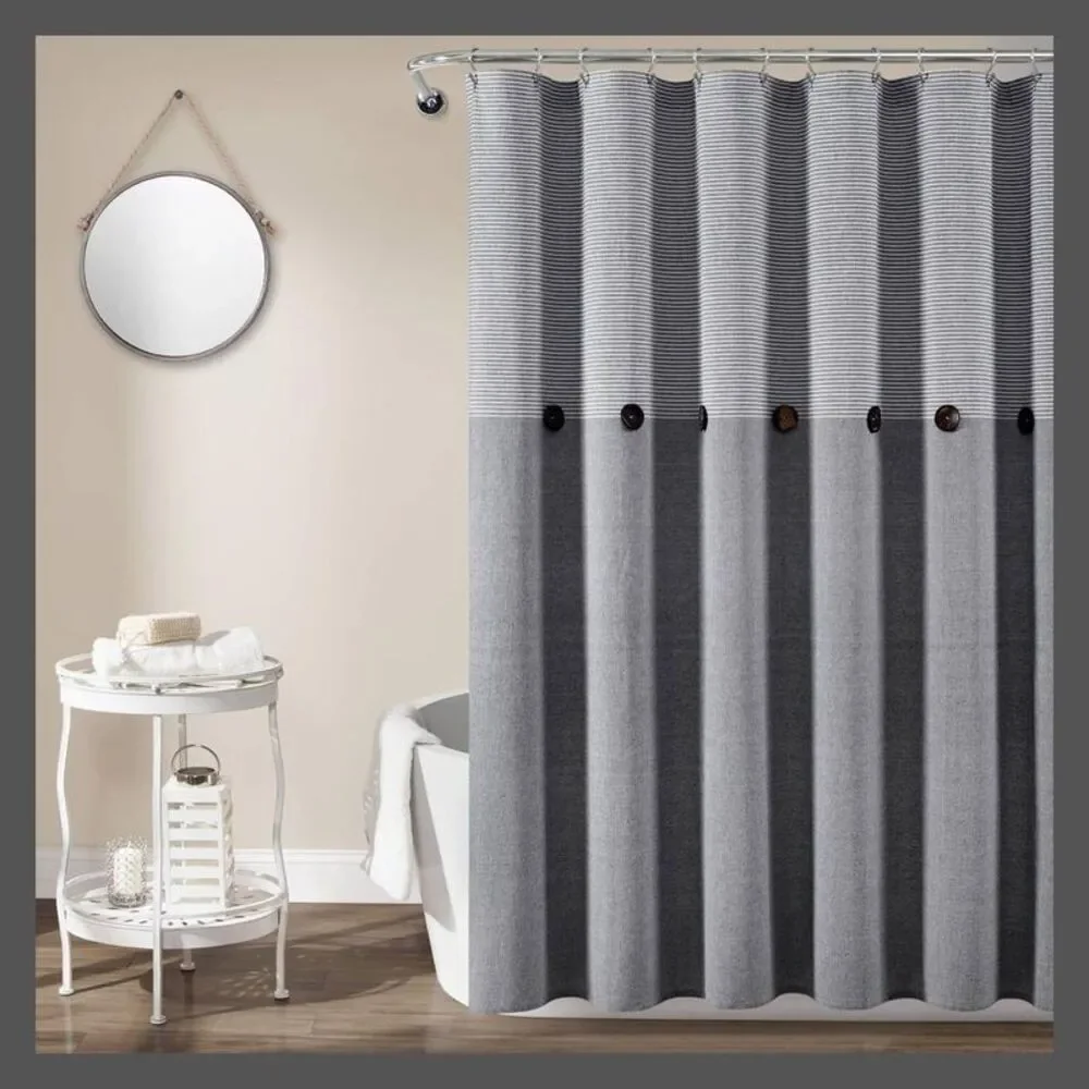 Open Box - Lush Decor -  Stripe Farmhouse Button Pleats Cotton S Gray